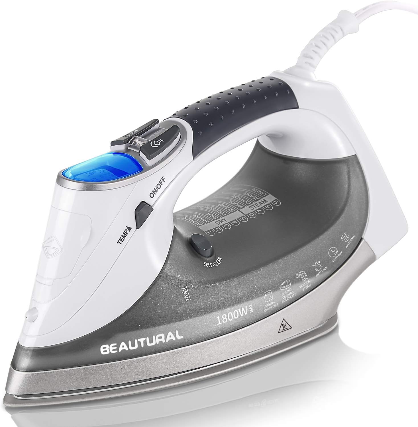 BEAUTURAL 1800-Watt Steam Iron with Digital LCD Screen, Double-Layer and Ceramic Coated Soleplate, 3-Way Auto-Off, 9 Preset Temperature and Steam Settings for Variable Fabric Gray