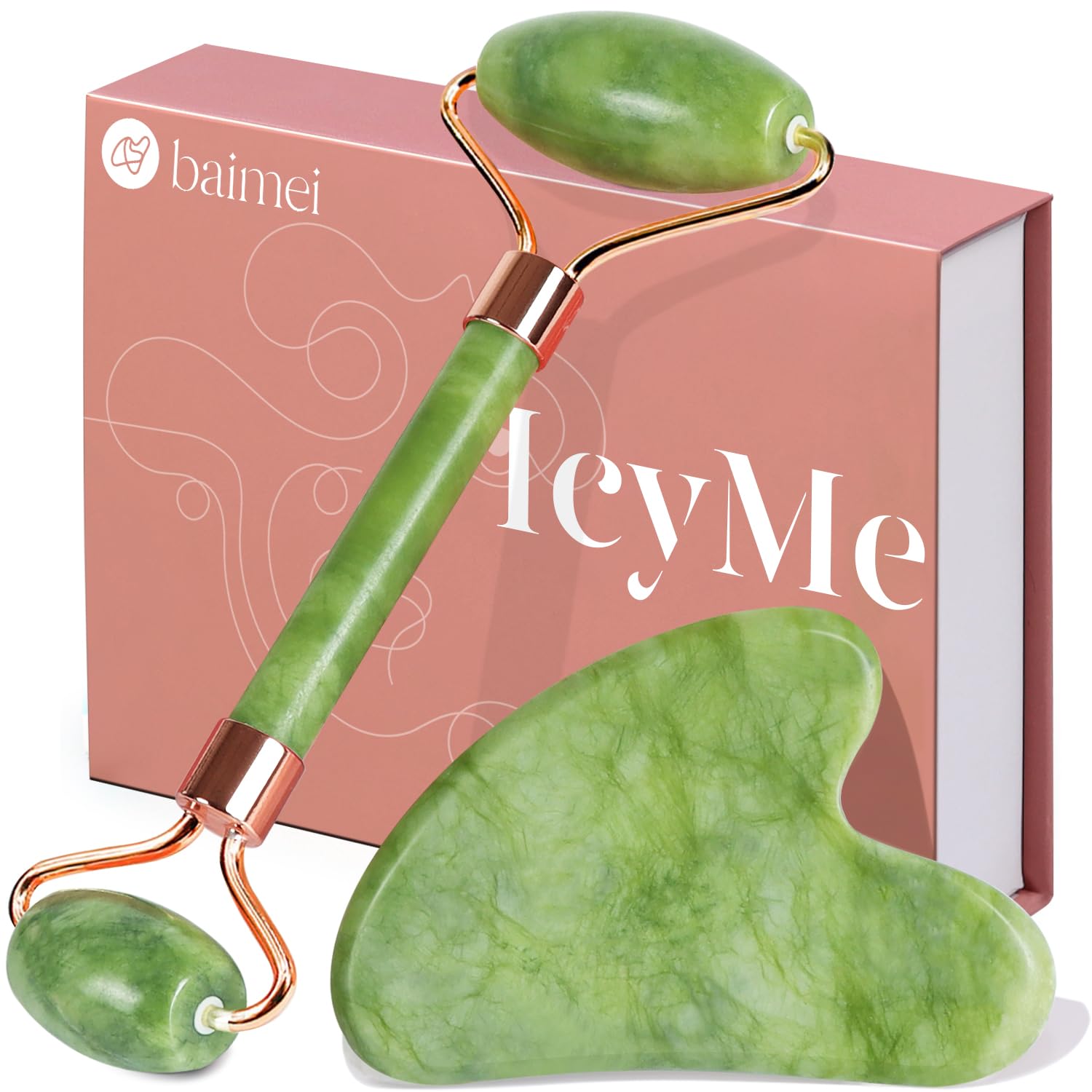 BAIMEI IcyMe Gua Sha & Jade Roller Facial Tools Face Roller and Gua Sha Set for Puffiness and Redness Reducing Skin Care Routine, Self Care Gift for Men Women - Green