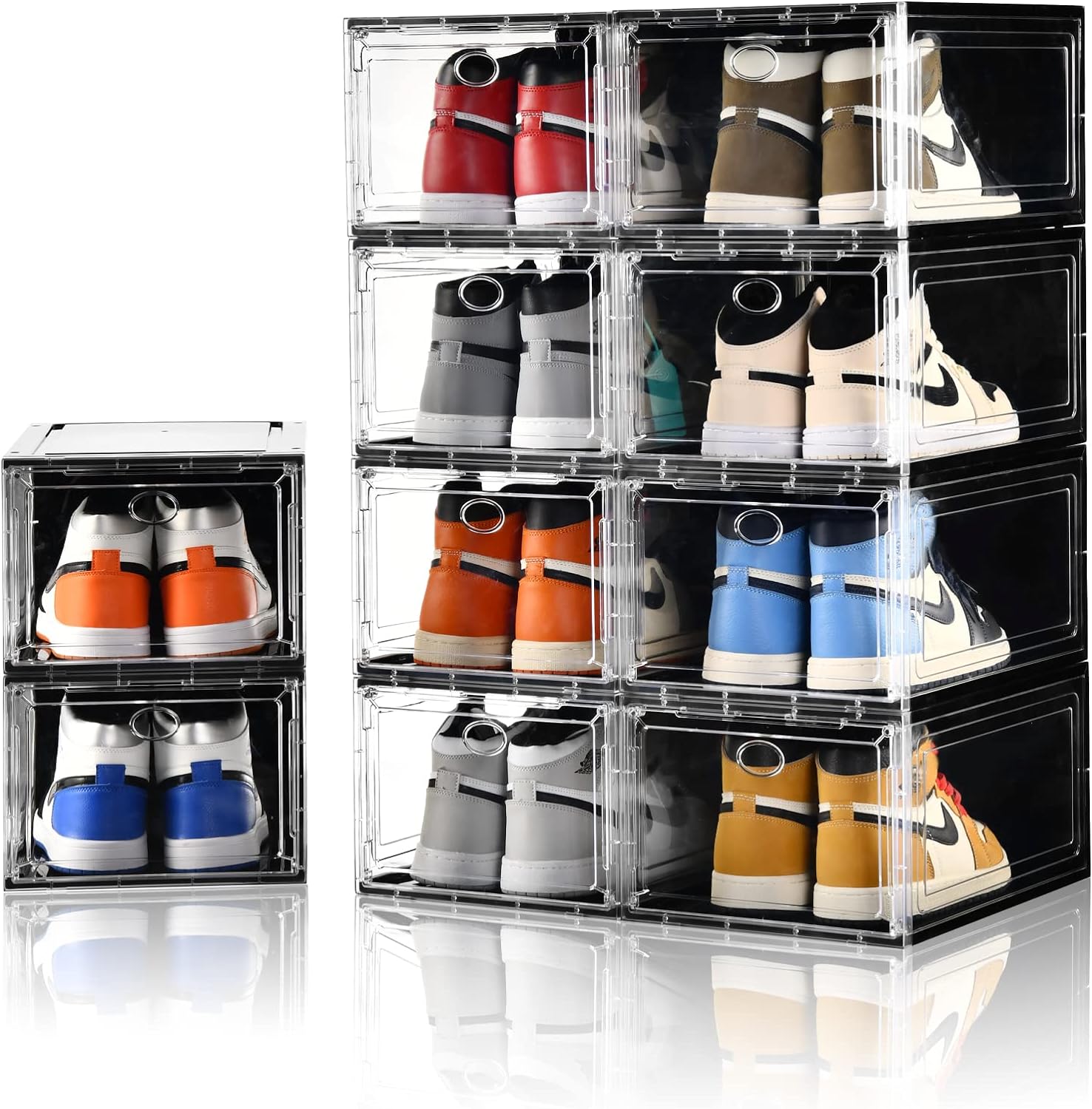 10 Pack Shoe Boxes Stackable,Upgraded Sturdy Storage Boxes with Clear Magnetic Door,Multifunctional Sneaker Organizer Fit up to US Size 12 (13.8x 9.84x 7.1)