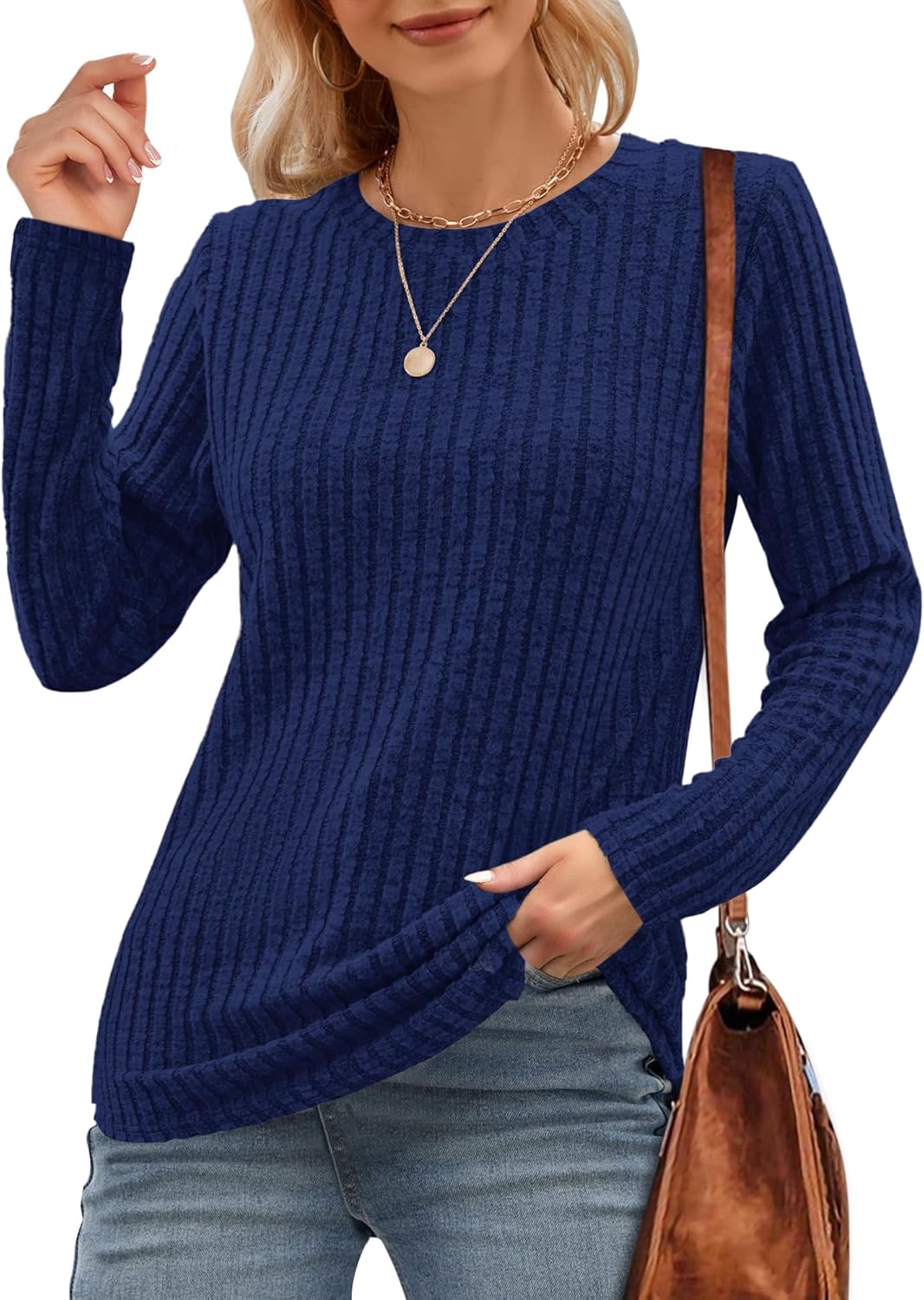 WNEEDU Long Sleeve Shirts for Women Round Neck Casual Lightweight Tunic Tops