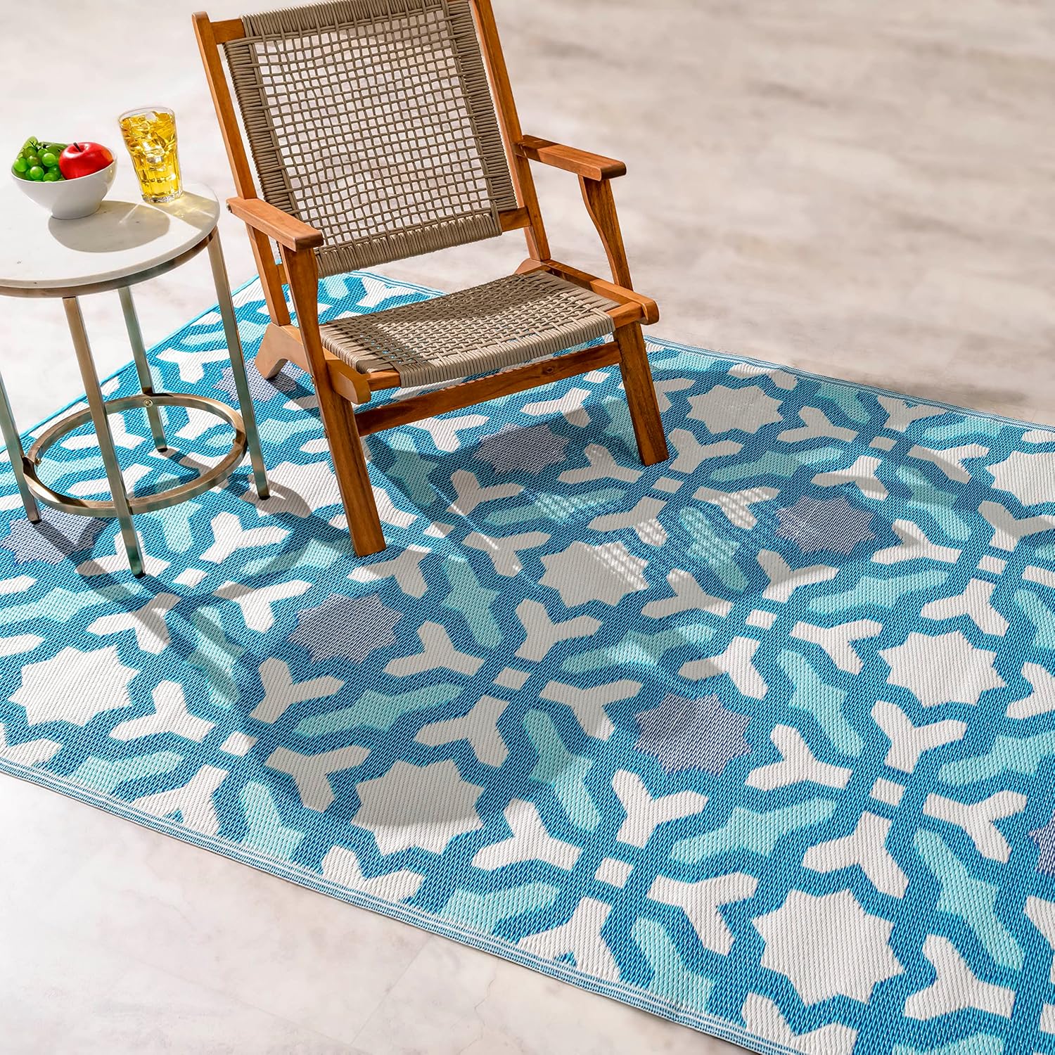 Fab Habitat Outdoor Rug - Waterproof, Fade Resistant, Reversible - Premium Recycled Plastic - Spanish Tile - Porch, Deck, Balcony, Laundry Room, Patio - Seville - Multicolor Blue - 3 x 5 ft