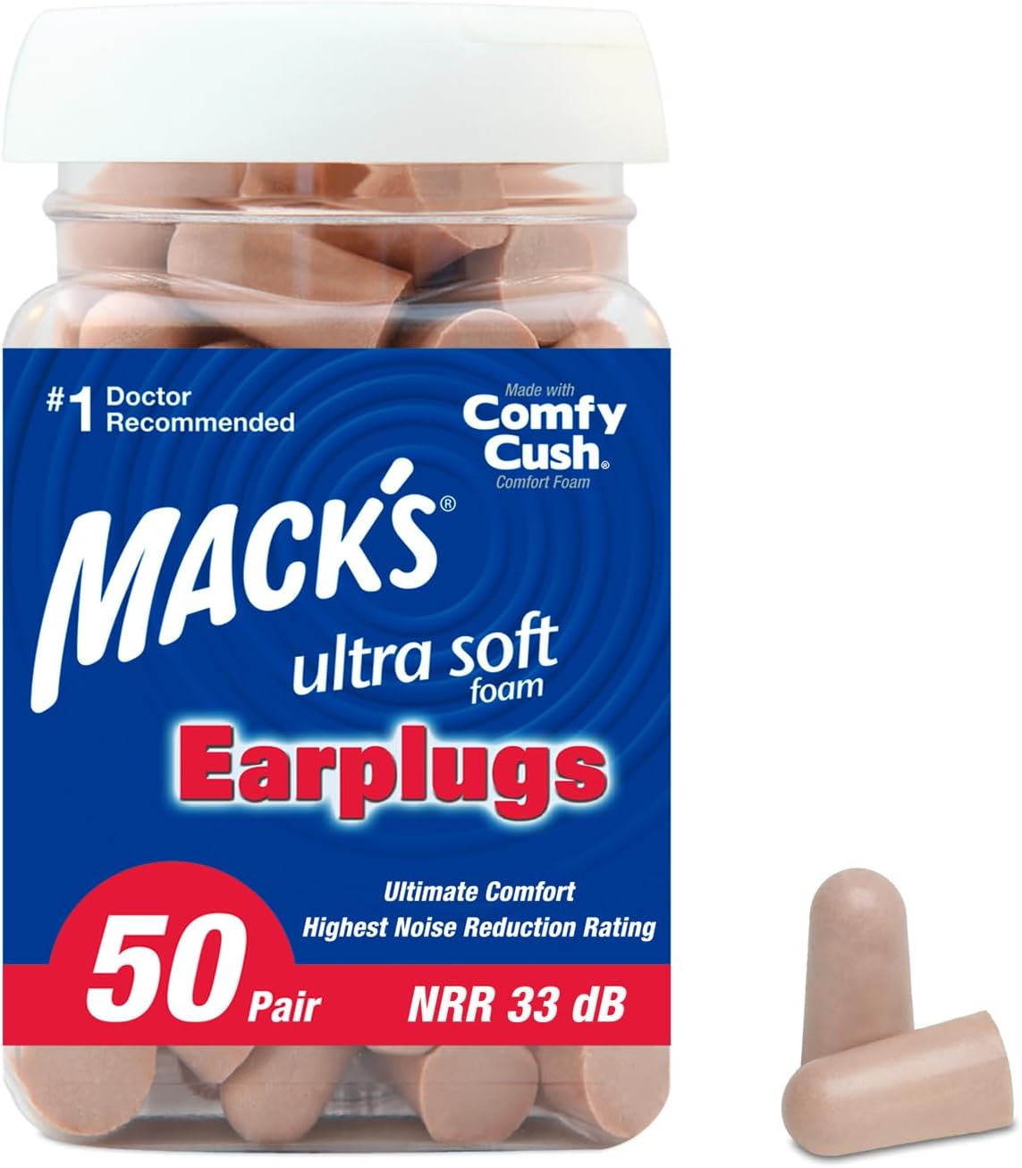 Mack' Ultra Soft Foam Earplugs, 50 Pair - 33dB Highest NRR, Comfortable Ear Plugs for Sleeping, Snoring, Travel, Concerts, Studying, Loud Noise, Work | Made in USA