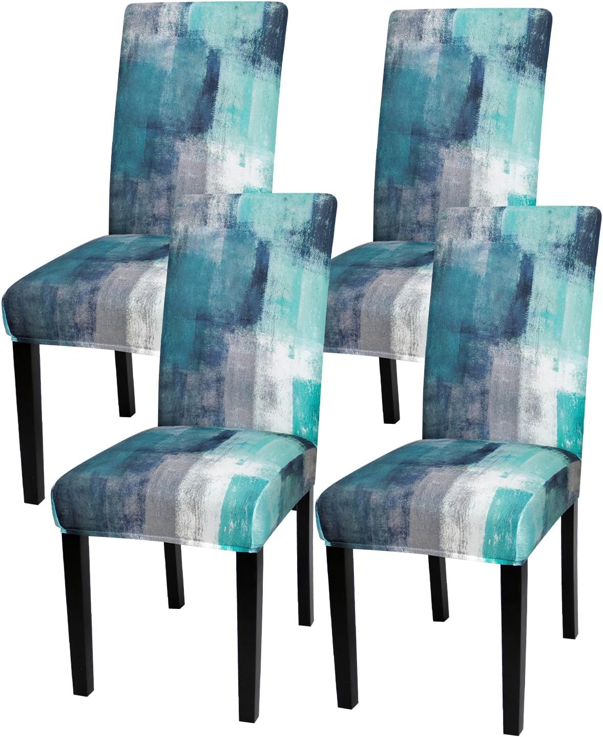 Gibelle Chair Covers for Dining Room Set of 4, Spandex Stretch Dining Room Chair Cover, Removable Washable Kitchen Parsons Chair Covers Seat Slipcovers, Turquoise, Grey