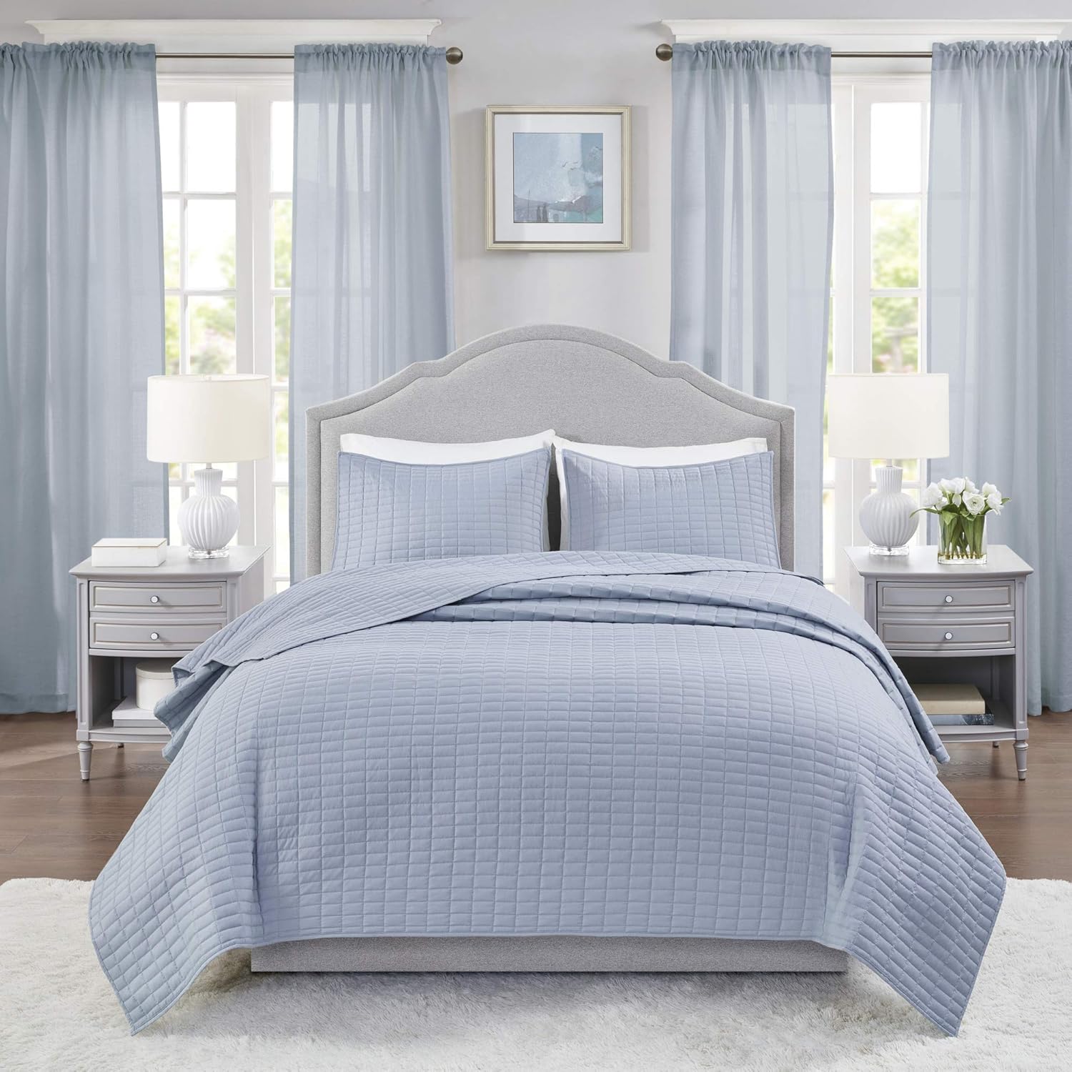 Comfort Spaces Kienna Quilt Set-Luxury Double Sided Stitching Design Summer Blanket, Lightweight, Soft, All Season Bedding Layer, Matching Sham, Blue, Coverlet King/Cal King(104x90) 3 Piece