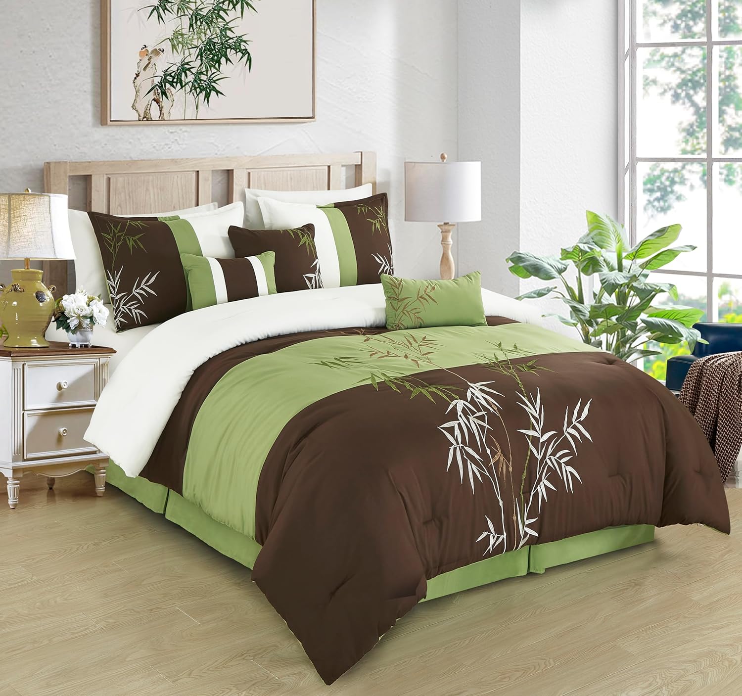 Chezmoi Collection Bengal 7-Piece Bamboo Embroidered Comforter Set King Size - Sage Green Brown Ivory Bamboo Grass Microfiber Comforter Bedding