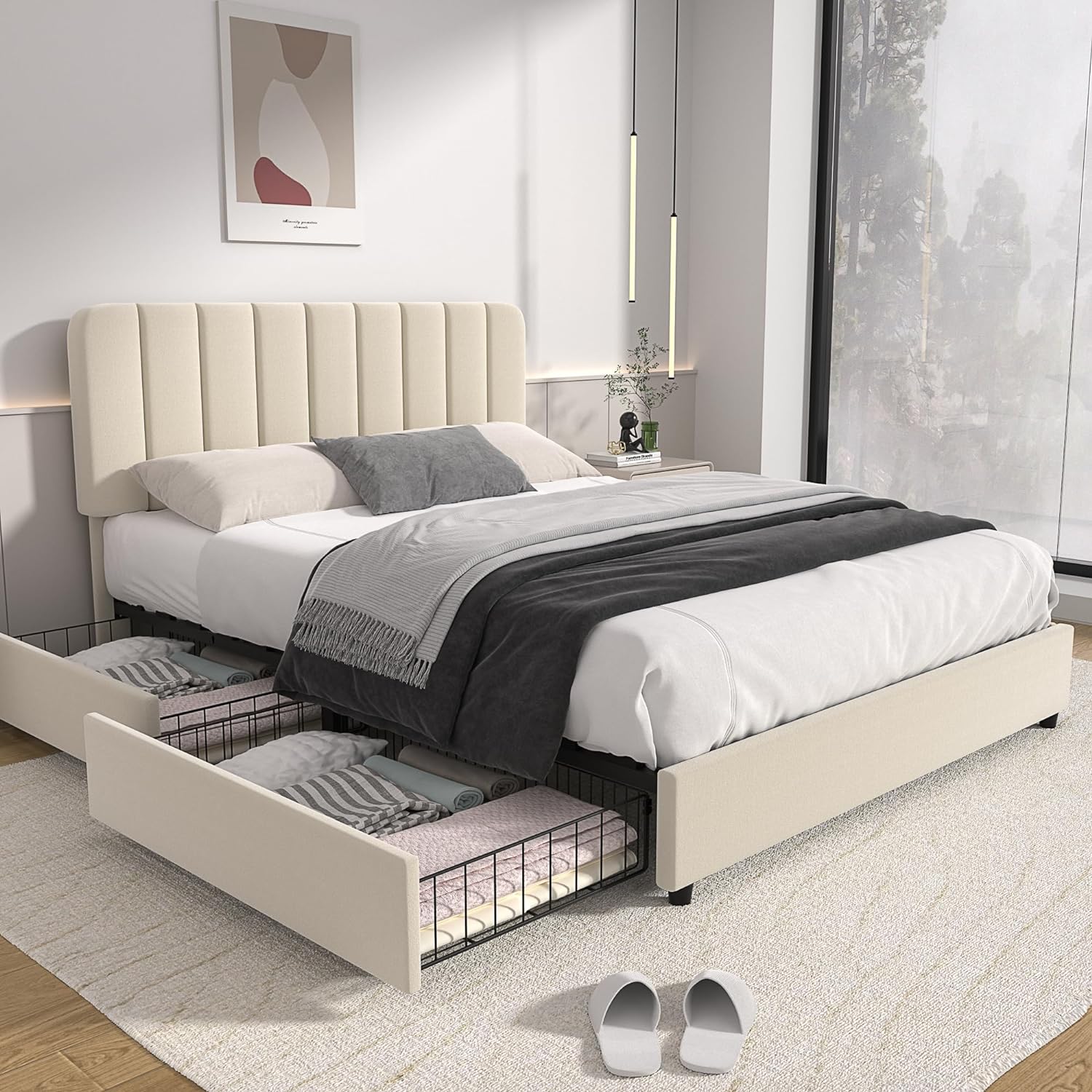 VECELO Queen Size Upholstered Bed Frame with 4 Drawers and Adjustable Headboard, Velvet Platform Storage Bedframe Mattress Foundation, Wooden Slats Support, No Box Spring Needed, Beige