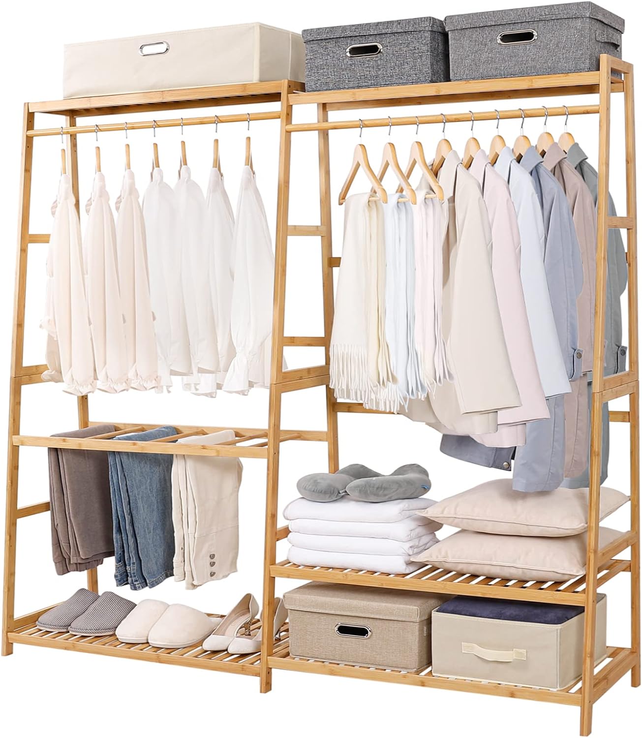Homde Bamboo Clothes Rack Heavy Duty Garment Racks for Hanging Clothes, Max Load 440lbs, Freestanding Clothing Rack Closet with 6 Shelves, 67" H*61" W*15.74" D