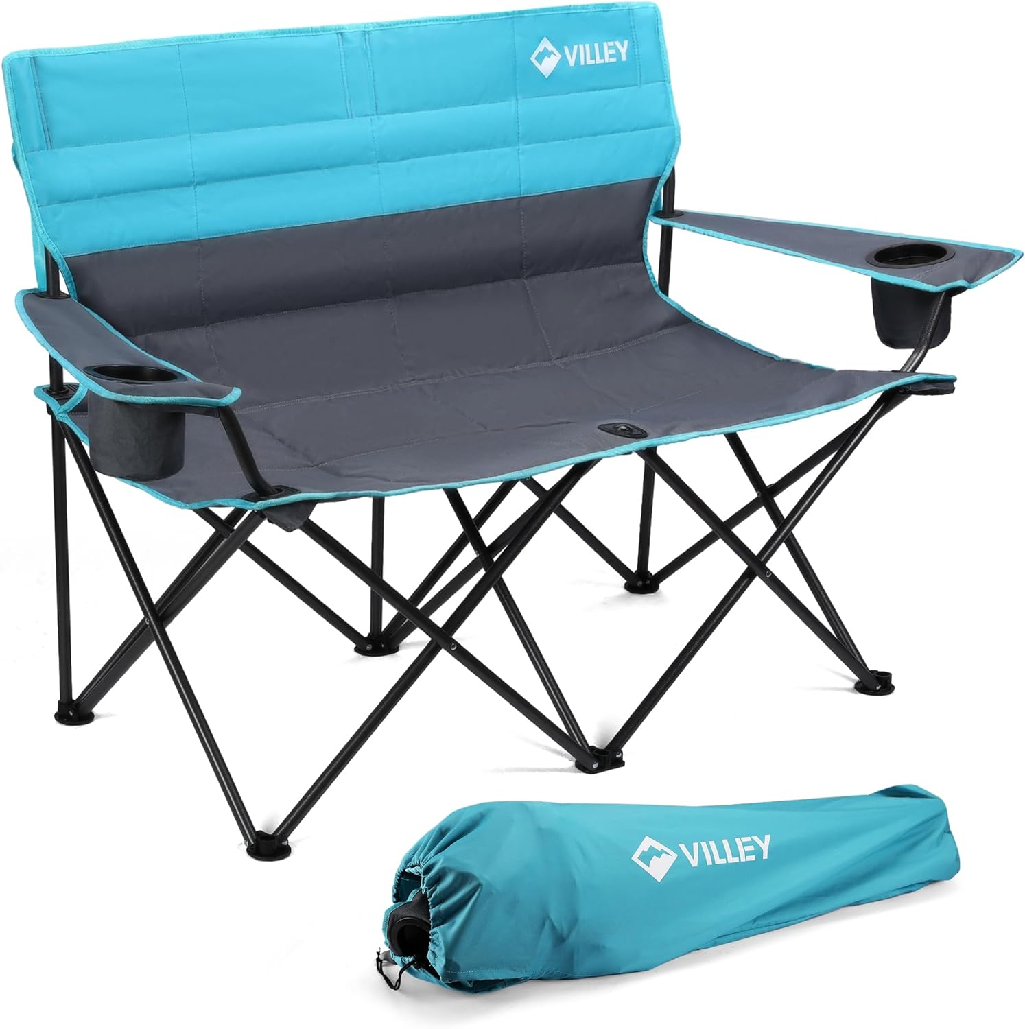 VILLEY Double Camping Chair, Extra Wide Loveseat, Heavy Duty Padded Camping Couch, Portable Folding Camp Chair w/Carry Bag, Steel Frame, Cup Holders for Camping Lawn Picnic Sports, Supports 500 LBS