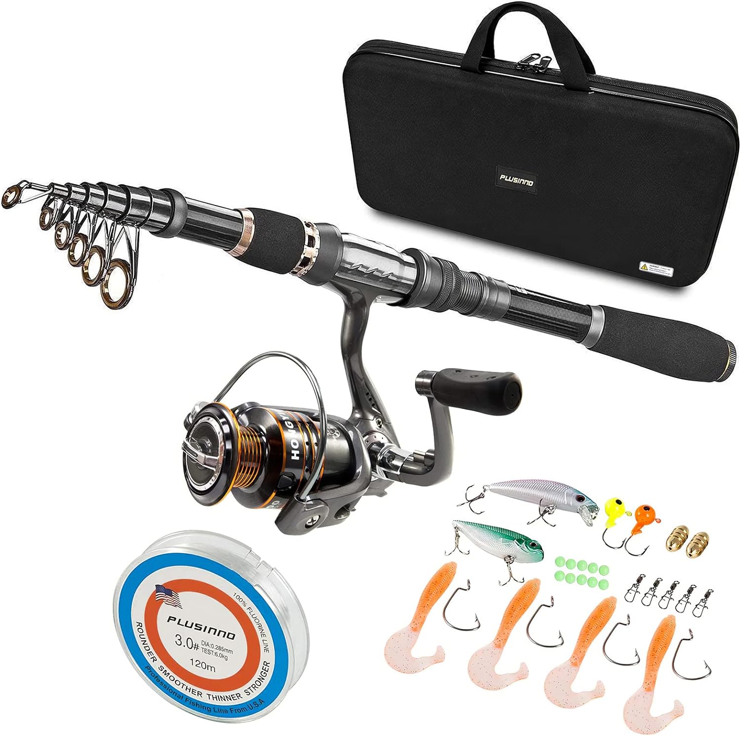 PLUSINNO Telescopic Fishing Rod and Reel Combos Full Kit, Carbon Fiber Fishing Pole, 12  1 Shielded Bearings Stainless Steel BB Spinning Reel