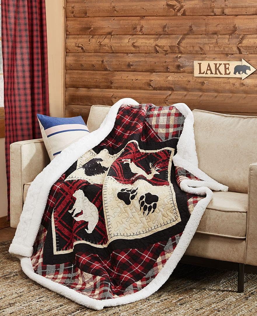 Virah Bella Quilted Sherpa Throw Blanket 50" x 60" Diamond Bear Lodge Lightweight Throw Quilt Great for Loungers & Extra Bedding - Beautiful Lodge-Themed Blanket