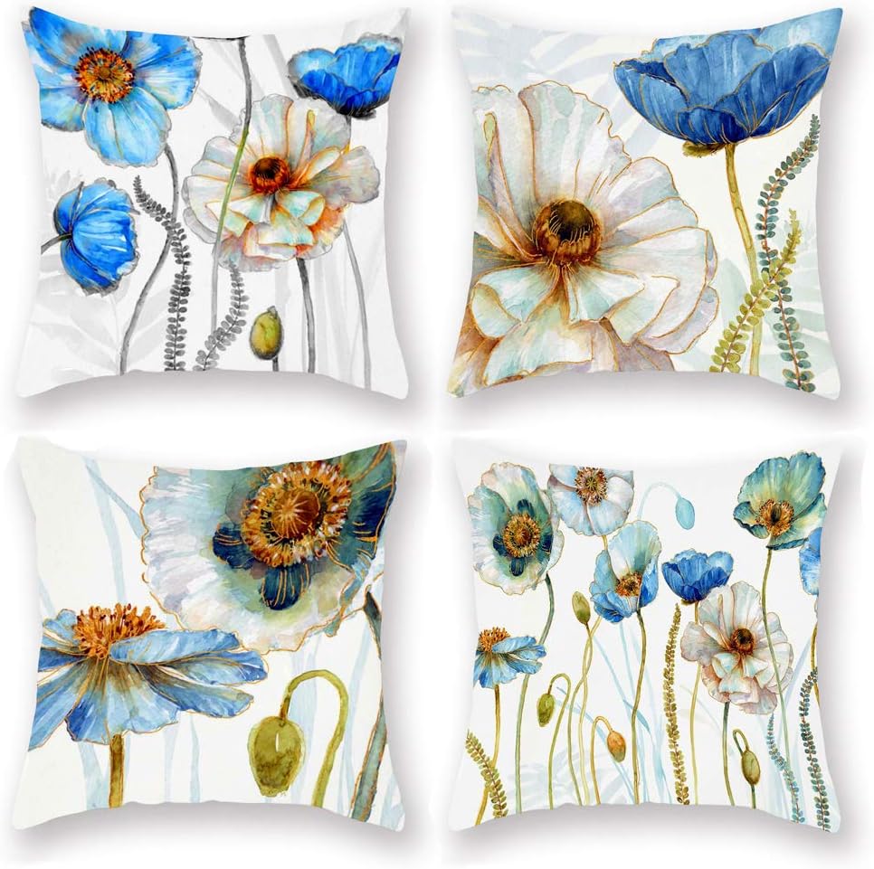 Watercolor Flower Throw Pillow Covers Super Soft Short Plush Rustic Farmhouse Decor Cushion Cover 18x18 Square Pillow Case for Home Sofa Bedding Set of 4,Blue Poppies Leaves