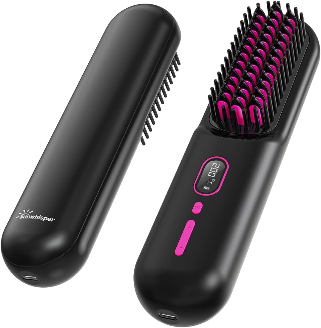 Portable Hair Straightener Cordless with LCD Temperature Display, Portable Hair Straightener Brush with 2 Hair Clips, Carrying Pouch, 360 Scald Resistant, Travel Friendly