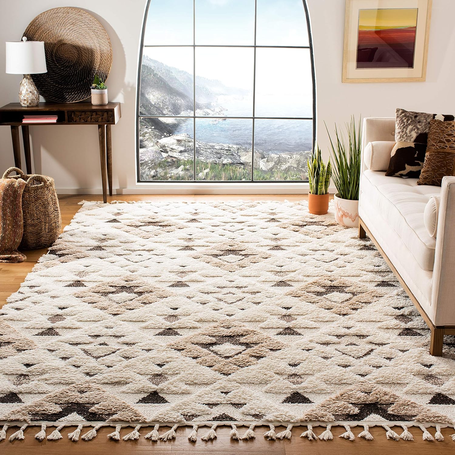 SAFAVIEH Moroccan Tassel Shag Collection Area Rug - 5'3 x 7'6, Ivory & Brown, Boho Design, Non-Shedding & Easy Care, 2-inch Thick Ideal for High Traffic Areas in Living Room, Bedroom (MTS688A)