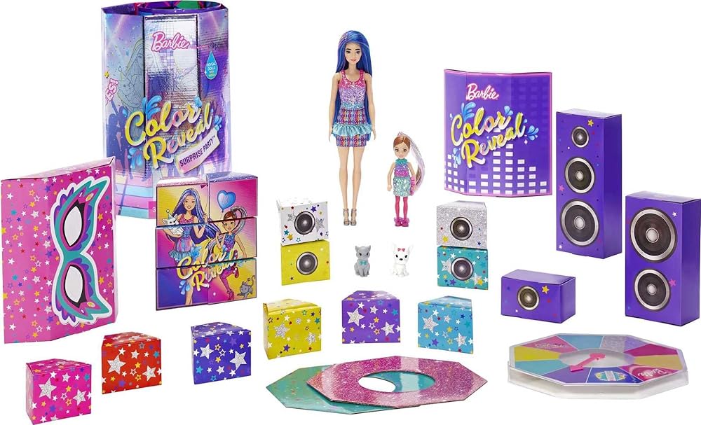 Barbie Color Reveal Surprise Party! Set with 50+ Surprises: 1 Doll, 1 Chelsea Doll, 2 Pets, 6 Color-Change Activations, Accessories & More, Dance Party-Themed Set, Gift for Kids 3 Years Old +