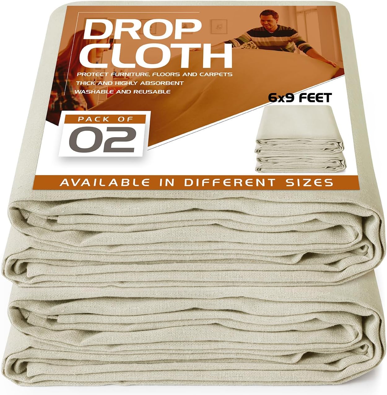 Utopia Drop Cloth for Painting (6x9 ft, 2 Pack) Washable and Reusable Canvas Fabric for Furniture & Floor Protection Highly Absorbent Paint Cover - Duck Dropcloth for Outdoor and Indoor Use