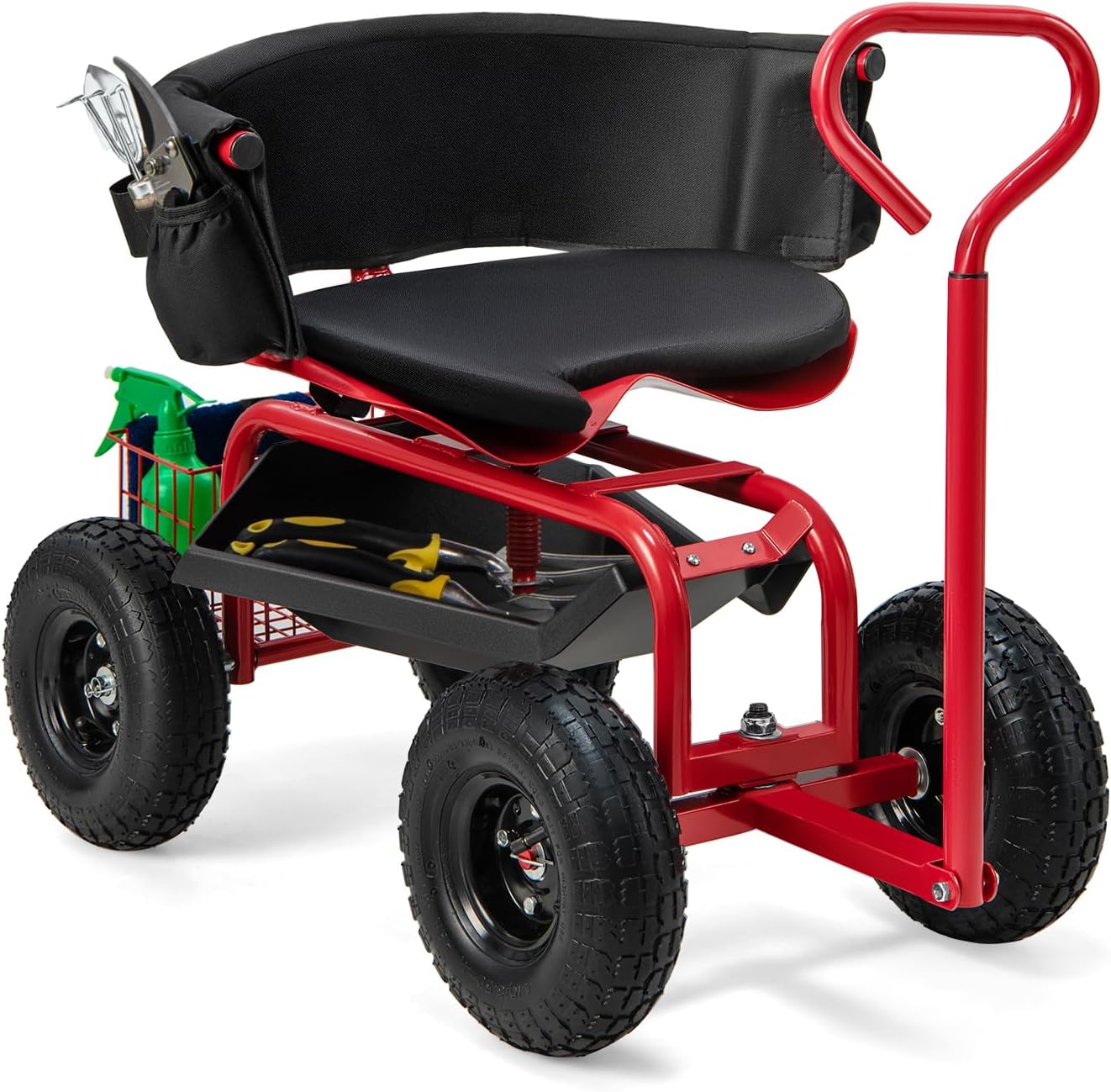 Goplus Garden Cart, Outdoor Rolling Garden Scooter W/Adjustable 360 Degree Swivel Seat, Tool Tray & Storage Basket, Extendable Handle, Yard Gardening Work Seat with Wheels, Red