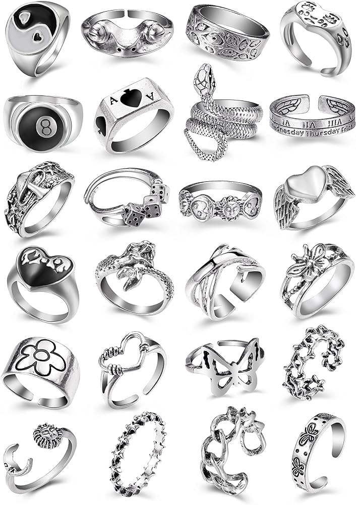 Vintage Silver Open Punk Rings for Men Women, 24PCS Adjustable Rings, Alt Rings, Chunky Silver Rings, Bulky Rings, Hippie Rings ,Cool Gothic Ring,Statement Stacking Ring, Skull Snake Star Flower Heart Eboy Emo Y2K Ring