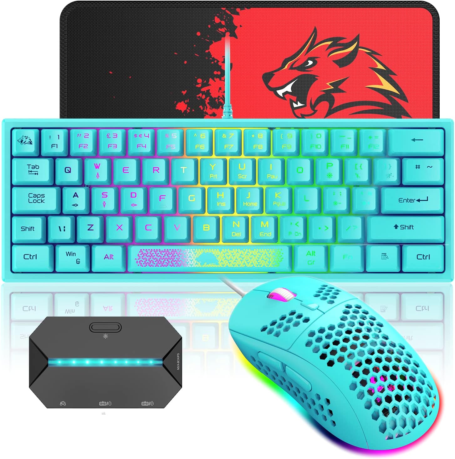 60% Wired Gaming Keyboard and Mouse Combo,Compact RGB Backlit Mini Mechanical Feel Keyboard,ps4 Converter Adapter,RGB 6400 DPI Lightweight Gaming Honeycomb Shell Mouse for PS4,Xbox,PC,Laptop,MAC