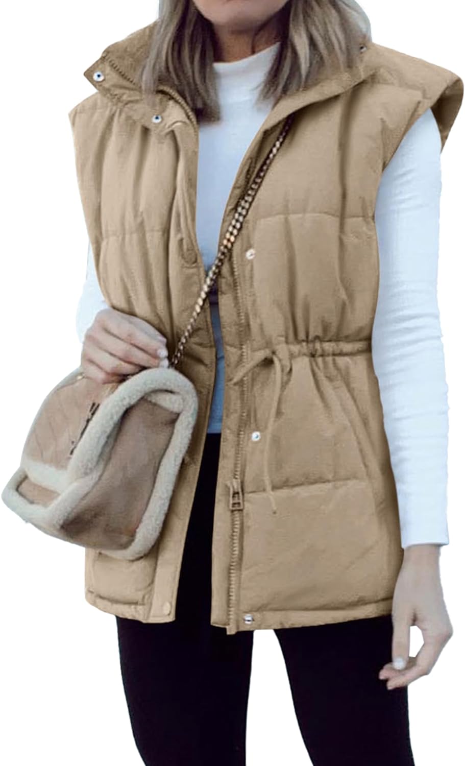 BTFBM Women' Casual Outerwear Vest Button Down Zip Up Padded Gilet Drawstring Sleeveless Jackets Coats with Pockets