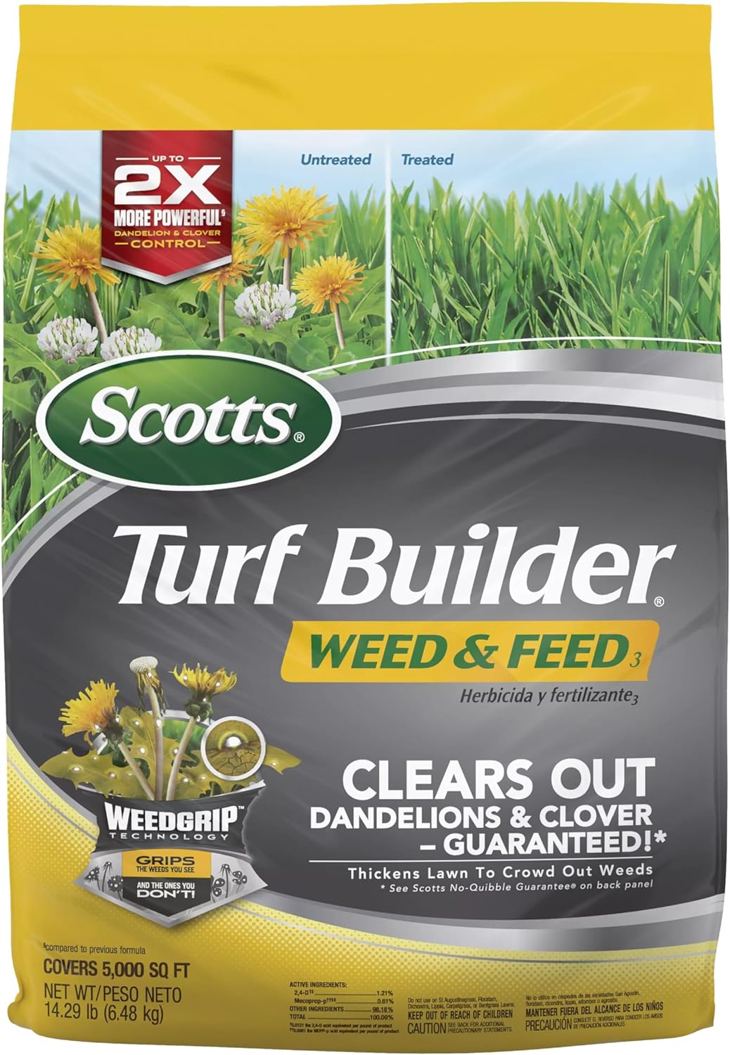 Scotts Turf Builder Weed & Feed3, Weed Killer Plus Lawn Fertilizer, Controls Dandelion and Clover, 5,000 sq. ft., 14.29 lbs.