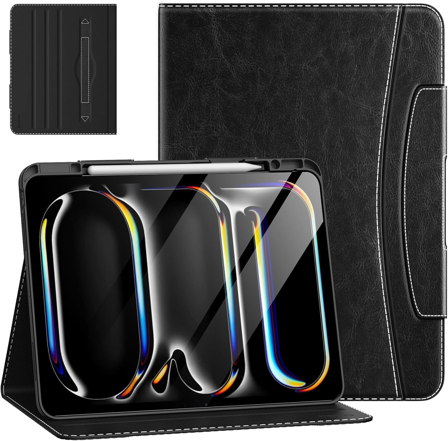 MoKo Case for iPad Pro 13 Inch M4 2024 (7th Generation) with Pencil Holder & Pocket, Built-in Hand Strap, Multi-Angle Viewing, Premium PU Leather Folio Cover for iPad Pro 13 2024, Black