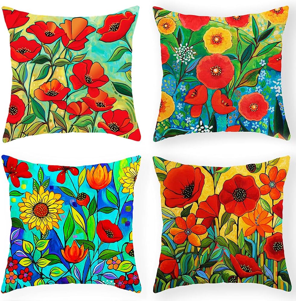 Square Decorative Soft Throw Pillow Covers for Chair, Deco Indoor,18 x 18 inches 4 Packs (Hand Painting Red Flowers)