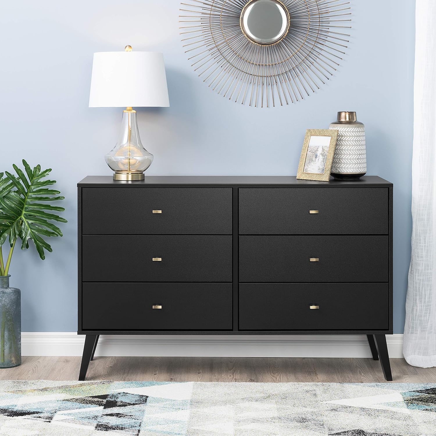 Prepac Milo Mid-Century 6 Drawer Dresser For Bedroom, 16 D x 52.50 W x 33 H, Black