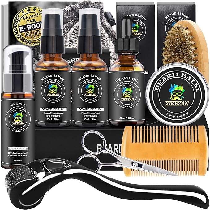 XIKEZAN Beard Kit,Beard Grooming Care Kit w/Beard Wash,2 Pack Beard Serum,Beard Oil,Balm,Comb,Brush,Scissor,Bag,E-Book,Mens Stocking Stuffers for Men,Valentines Day Gifts for Him Boyfriend Husband