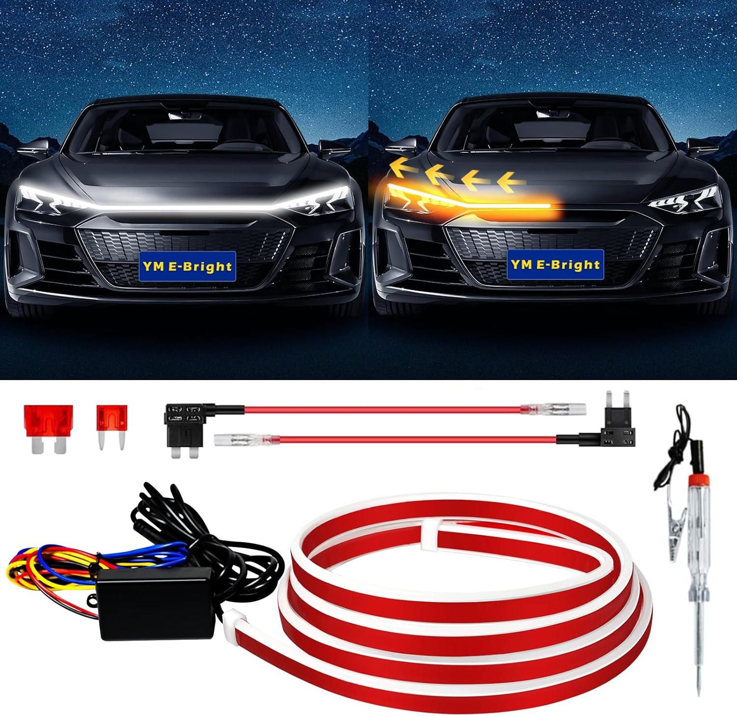 Dynamic Scan Start Up Hood Light Strip Sequential Flowing Turn Signal Lights Flexible DRL Daytime Running Headlight Car Led Light Strip Exterior,Dual Color Amber White Switchback 12V 70inch (1 Set)