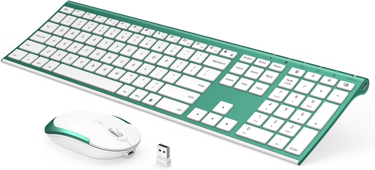 Wireless Keyboard and Mouse, Vssoplor 2.4GHz Rechargeable Compact Quiet Full-Size Keyboard and Mouse Combo with Nano USB Receiver for Windows, Laptop, PC, Notebook-Blackish Green