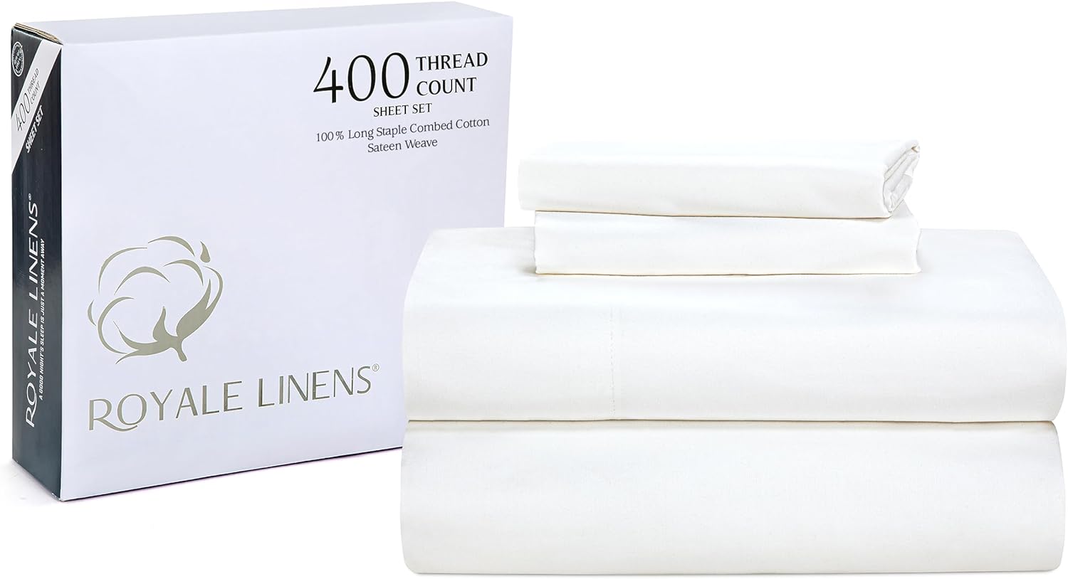 ROYALE LINENS 400 Thread Count 100% American Grown Cotton 4 Piece Sateen Queen Sheet Set - Fitted Sheet, Flat Sheet, Pillow case (Signature White, Queen Sheet Set)