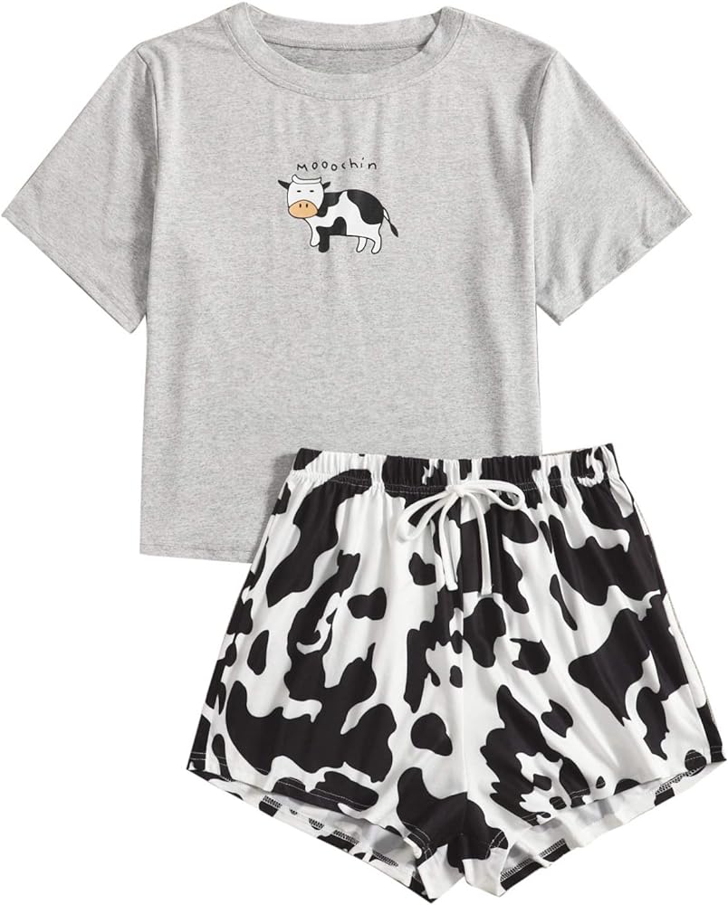 SOLY HUX Women's Cute Cartoon Print Sleepwear Short Sleeve Tee with Shorts Pajama Set