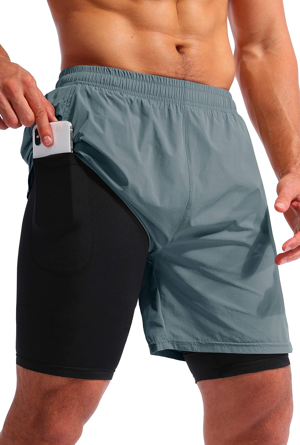 Pudolla Mens 2 in 1 Running Shorts 7 Quick Dry Gym Athletic Workout Shorts for Men with Phone Pockets