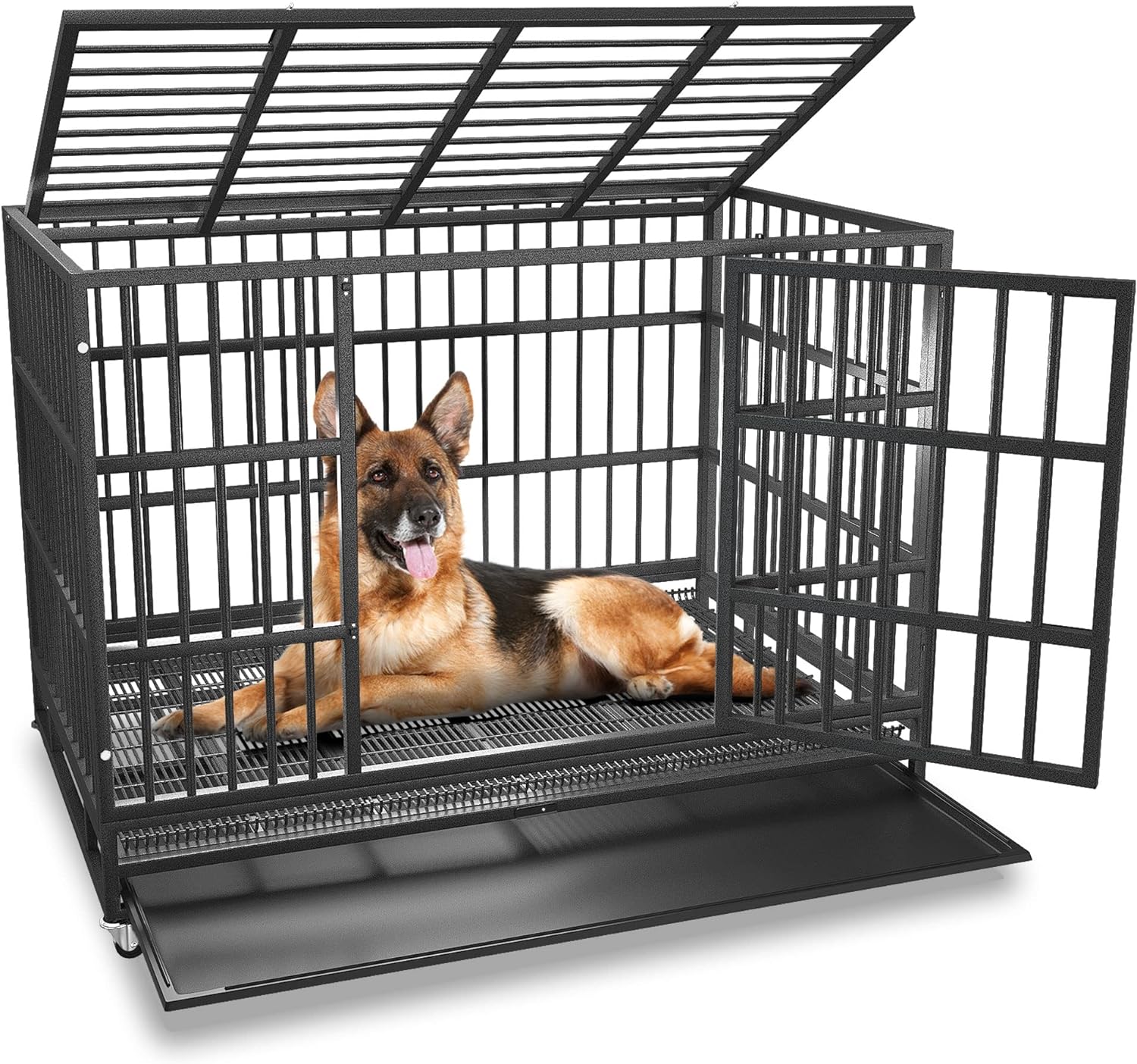 48/42/38 inch Heavy Duty Indestructible and Escape-Proof Dog Crate Cage Kennel for Large Dogs, High Anxiety Dog Crate with Removable Crate Trays, Wheels and Double Door, Extra Large XL XXL