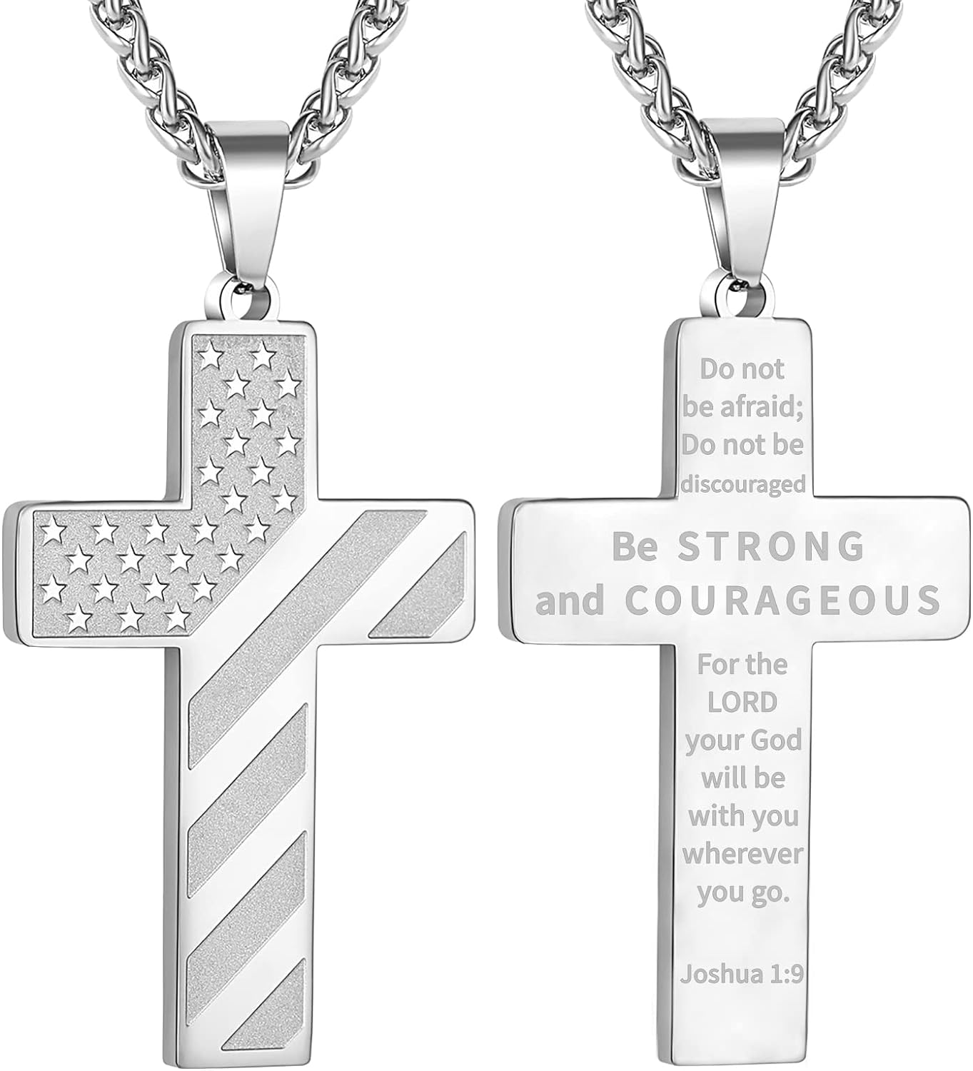 DuoDiner 18+2 Inch Cross Necklace Bible Verse Stainless Steel American Flag Pendant Chain for Men Jewelry Gift