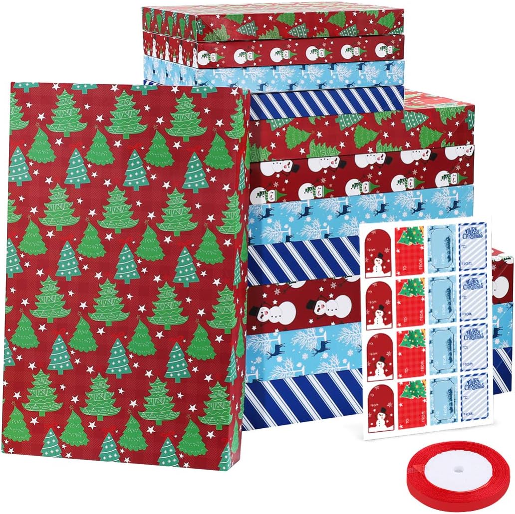 Holiday Gift Wrapping Boxes Large:12pcs Christmas Boxes with Lids Holiday Present Box Robe Boxes Shirt Boxes Perfect Christmas Wrapping Boxes with Ribbons and Stickers for Wrapping Christmas