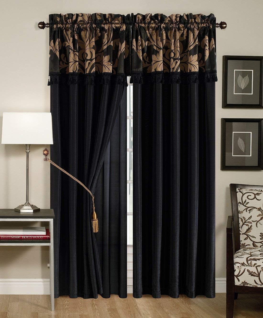 Chezmoi Collection Royale 4-Piece Jacquard Floral Window Curtain/Drape Set with Sheer Backing Valance Tassels, Black/Gold