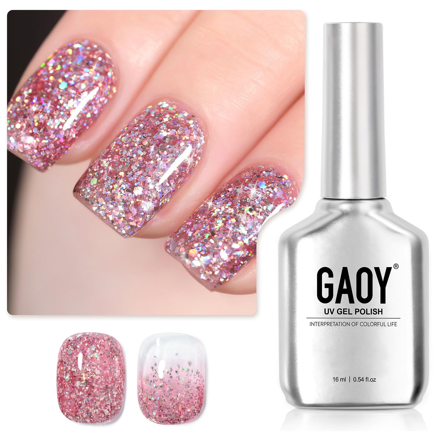 GAOY Glitter Gel Nail Polish, 16ml Pink Sparkly Gel Polish, Diamond Shiny Soak Off Glitter UV Gel for Nail Art, 1125 Pink Bloosms