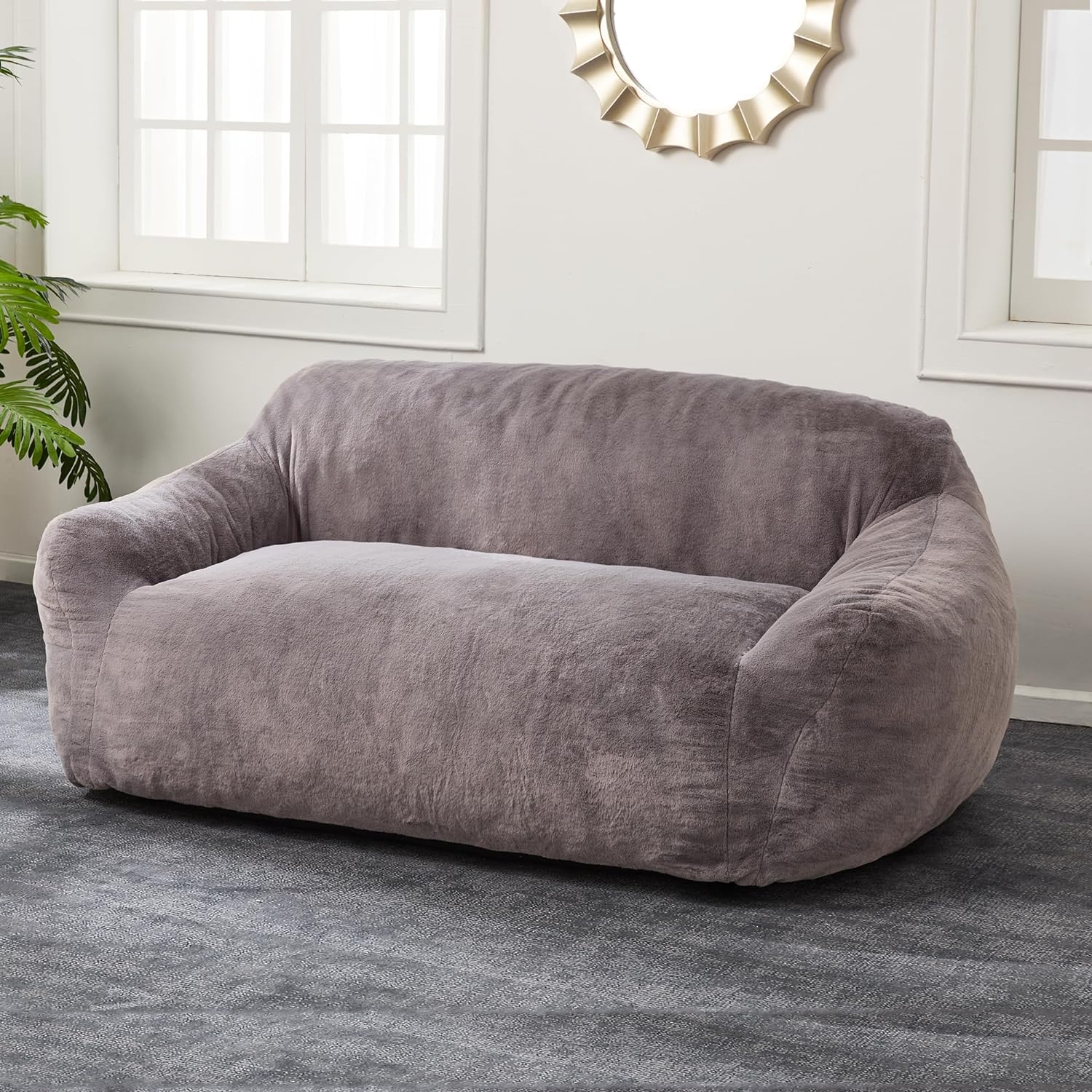 Homguava Sofa Couch, Futon Couch Bed with Armrest, 2-Seater Loveseat Sofa Soft Faux Fur Sleeper Sofa, Small Couchs for Living Room,Bedroom,Apartment (Grey)