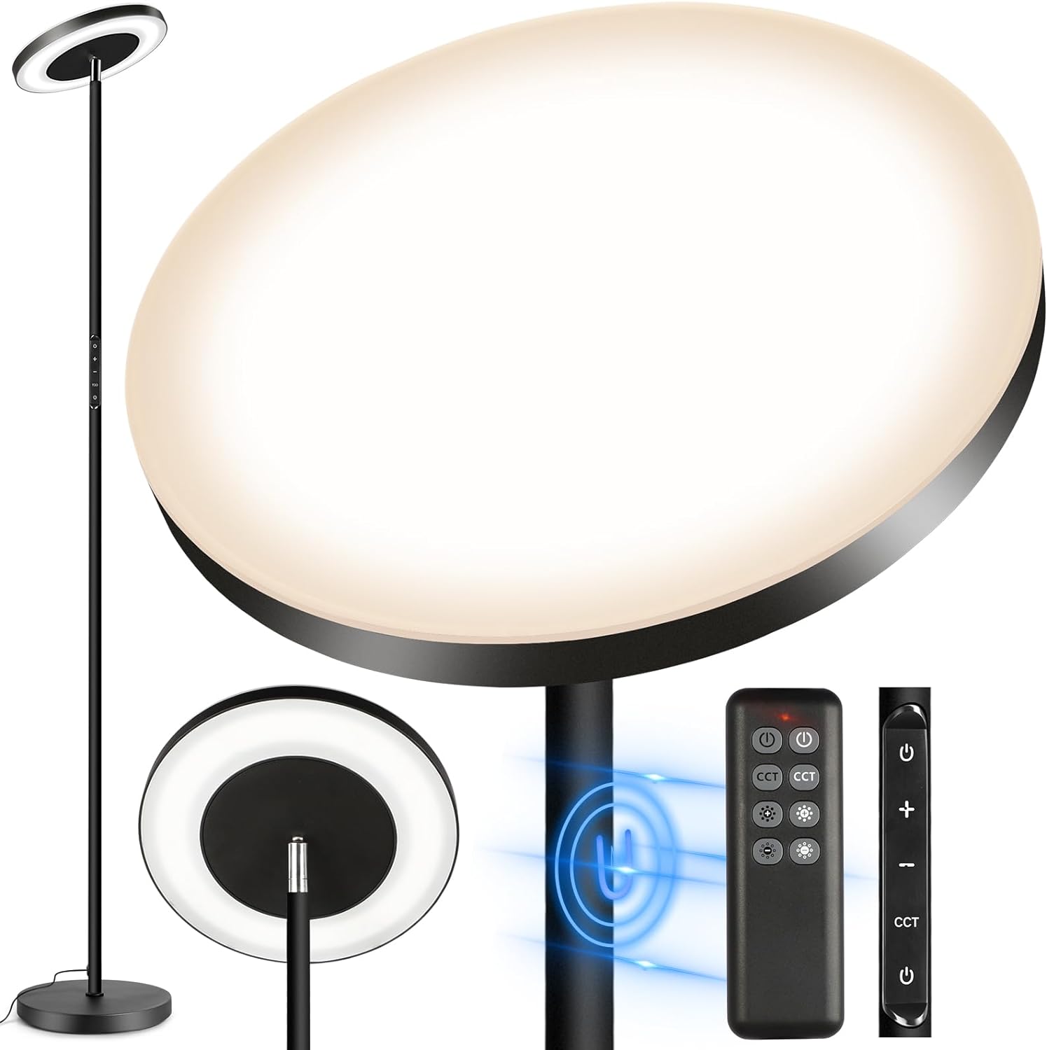 OUTON Double Side Lighting, Led Torchiere Floor Lamp, 34W/3000LM Bright Dimmable Tall Standing Lamp with 4 Color Temperatures, Remote Touch Control, 1-H Timer for Living Room, Bedroom, Office, Black