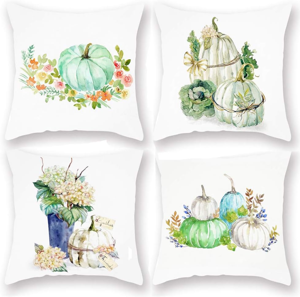 Watercolor Pumpkin Throw Pillow Covers Super Soft Autumn Farmhouse Pumpkins Leaves Market Cushion Cover Fall Thanksgiving Halloween Flower Blossom Decorative Pillow Cases 18x18 Set of 4