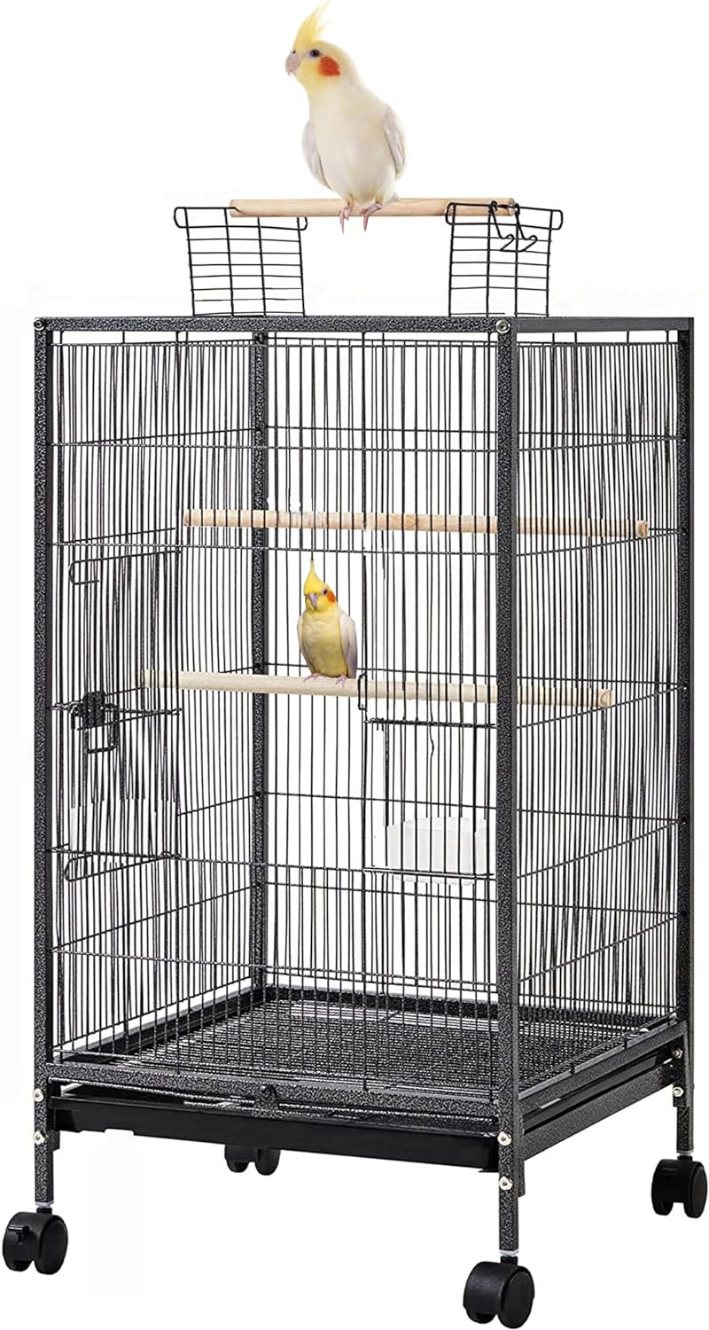 36-Inch Elegant Sturdy Wrought Iron Open Play Top Bird Flight Cage with Rolling Stand for Small-Sized Parrot Parakeets Cockatiels Budgies Parrotlets Lovebirds Canary