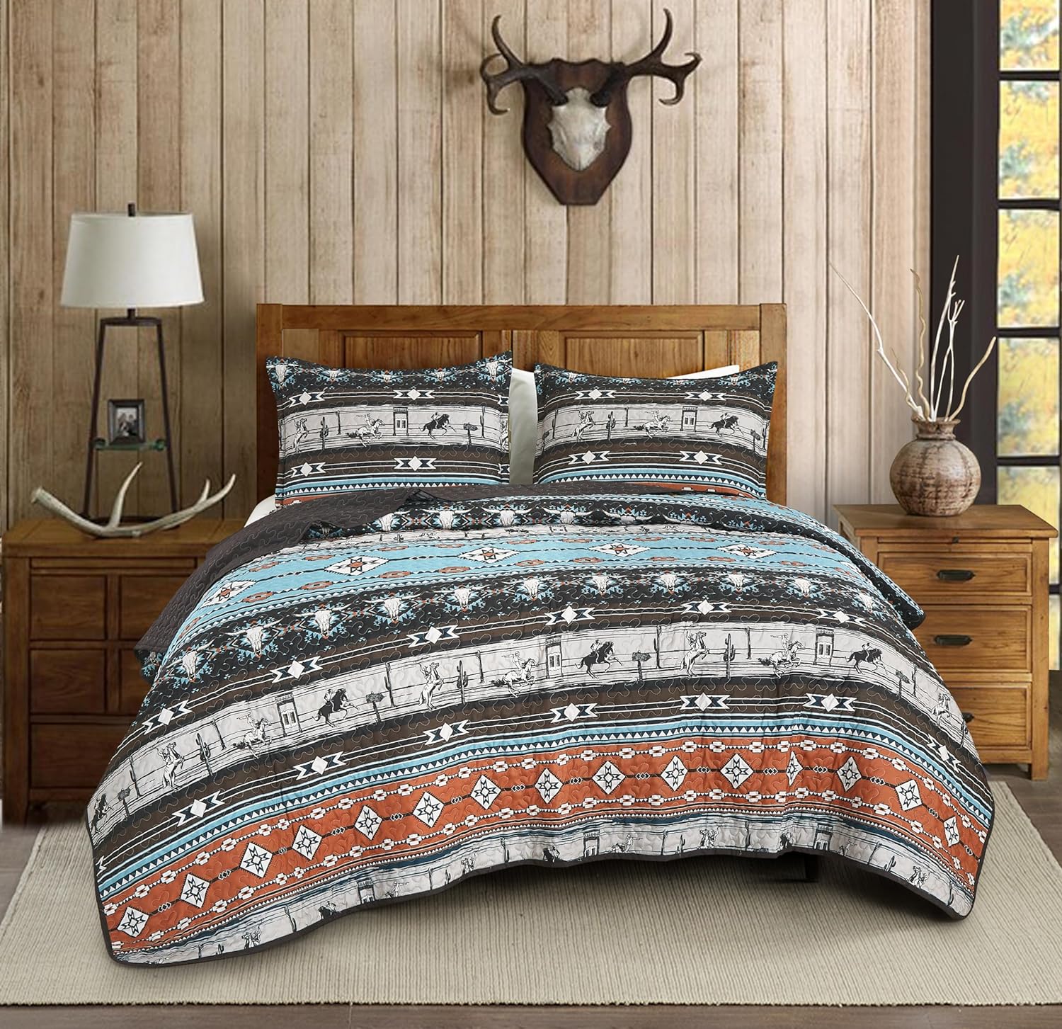 Chezmoi Collection Boone 3-Piece Southwestern Cowboys Rodeo Quilt Set Queen - Multicolor Blue Brown Beige Clay Printed Microfiber Lightweight Bedspread Set for All Season