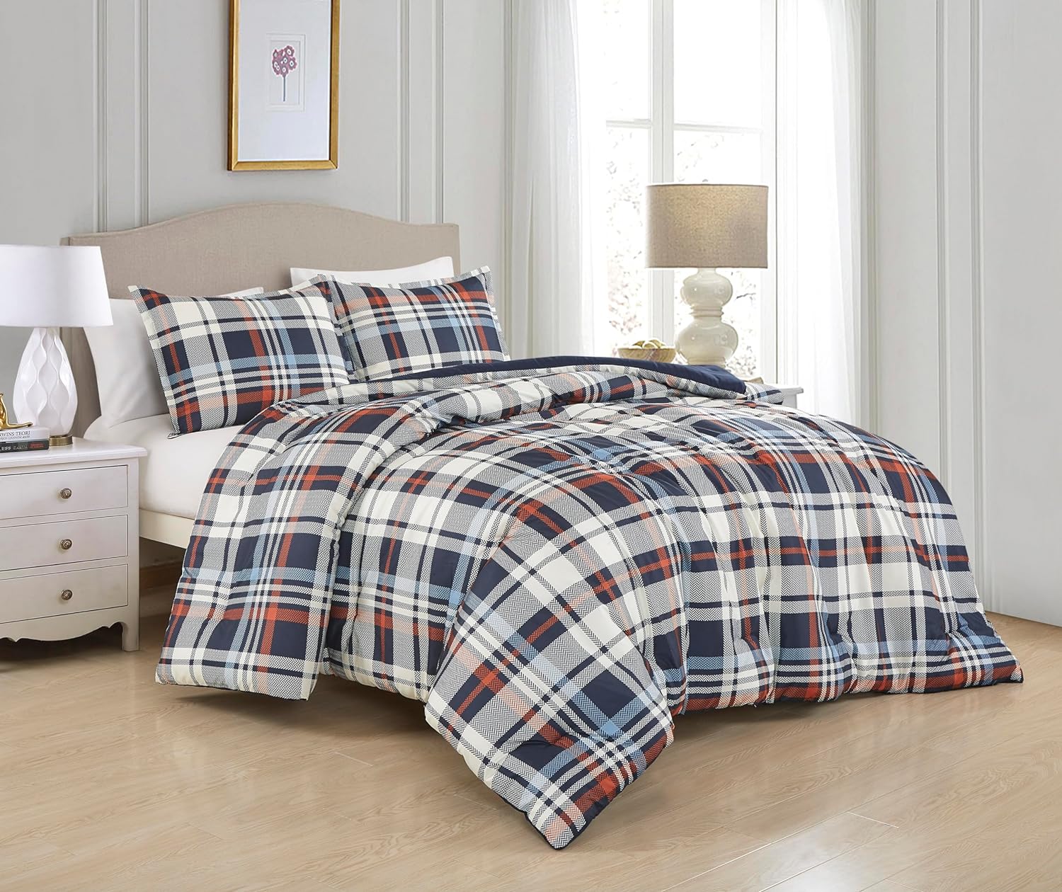 Chezmoi Collection 3-Piece Plaid Comforter Set Queen Size - Blue Orange White Herringbone Plaid Stripe Printed Microfiber Bedding Lightweight Breathable Blanket for All Season