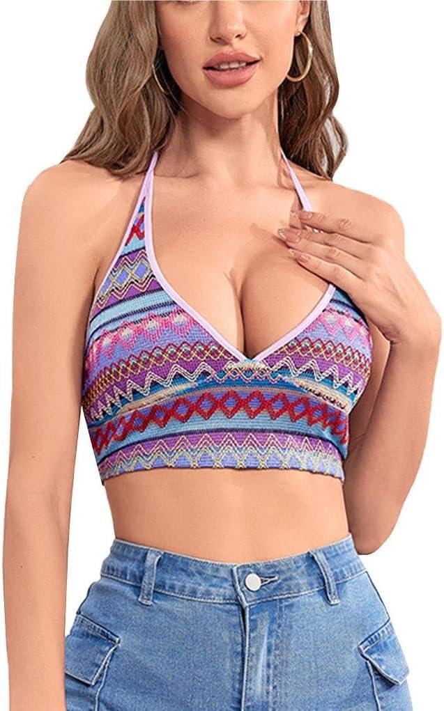 SOLY HUX Women' Boho Y2K Halter Top Chevron Print Backless Club Top Sexy Cami Crop Top for Women