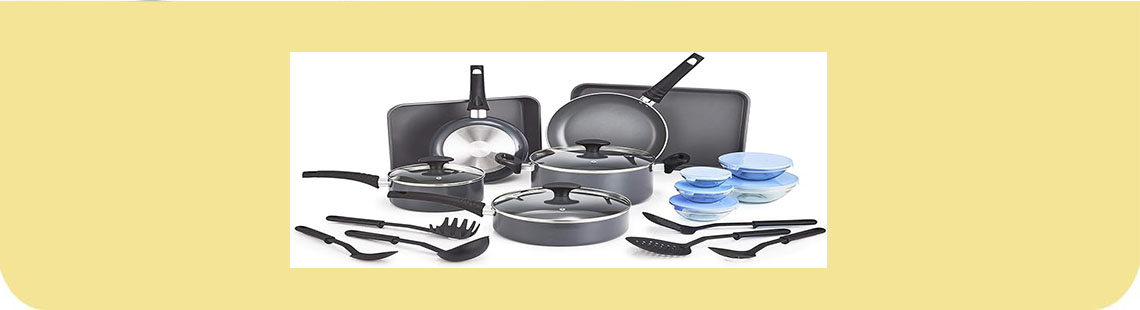 BELLA Nonstick Cookware Set with Glass Lids - Aluminum Bakeware, Pots and Pans, Storage Bowls & Utensils, Compatible with All Stovetops, 21 Piece, Black