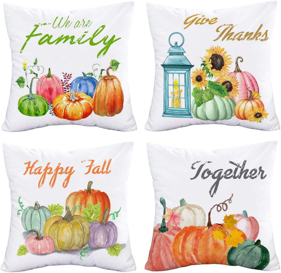 Pack of 4 Watercolor Autumn Pumpkin Harvest Pillow Covers Super Soft Farmhouse Decor Sunflower Leaves Seasons Blessings Quote Throw Pillow Cushion Cover Thanksgiving Decorations 18x18 Inch