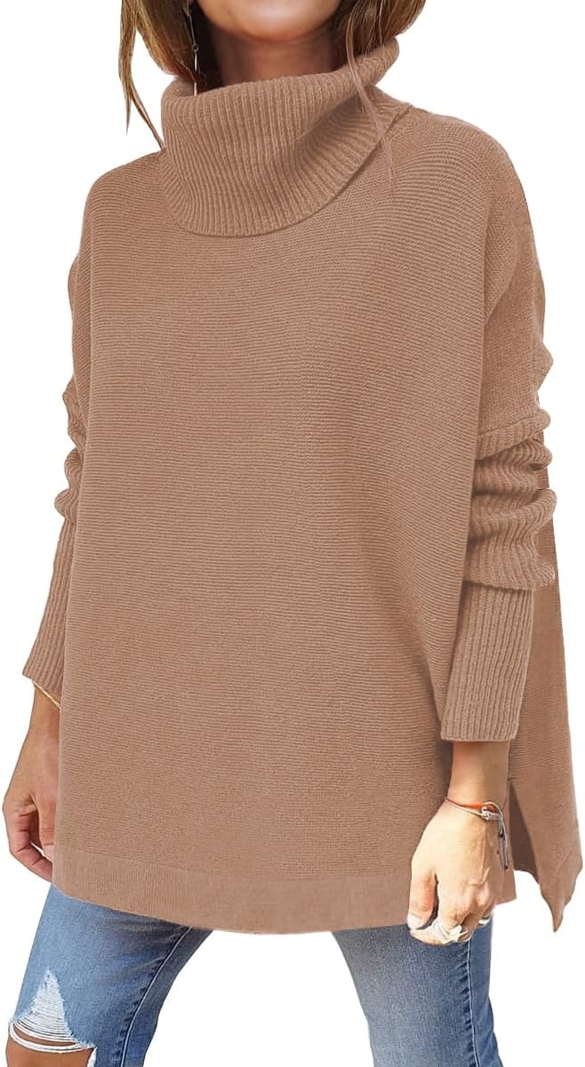 LILLUSORY Women's Turtleneck Oversized Sweaters 2024 Fall Long Batwing Sleeve Spilt Hem Tunic Pullover Sweater Knit Tops