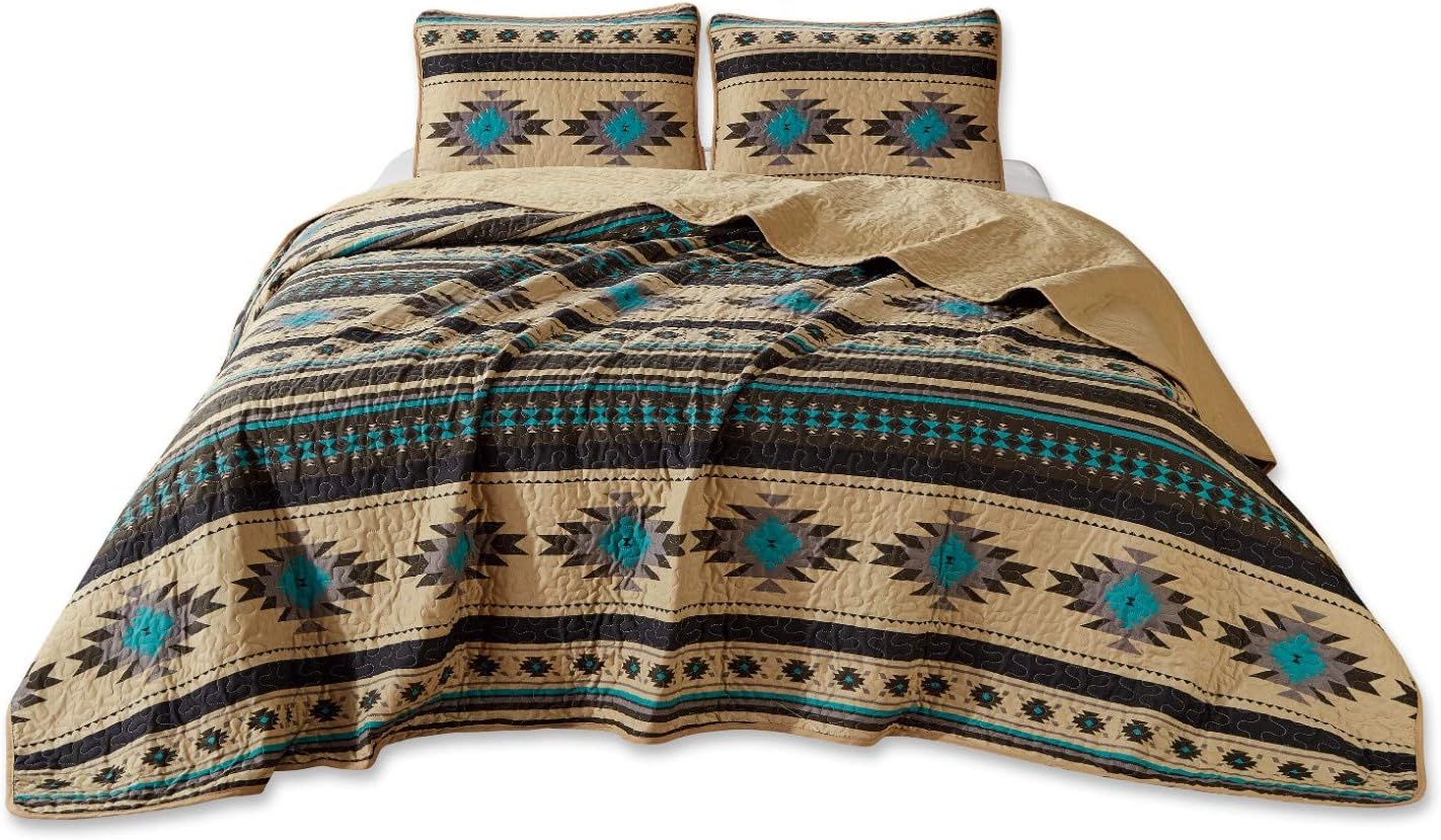 Chezmoi Collection 3-Piece Southwestern Geometric Tribal Quilt Set - Multicolor Teal Beige Black Gray Lightweight Quilted Bedspread Set, King (118" x 95")