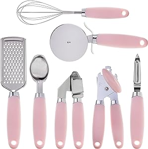 COOK With COLOR 7 Pc Kitchen Gadget Set Stainless Steel Utensils with Soft Touch Pink Handles
